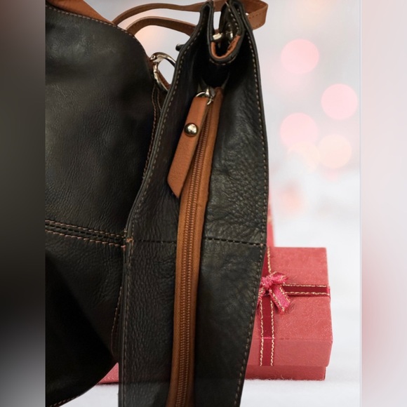 Vera Pelle Black & Chestnut Brown Italian Leather Crossbody Shoulder Bag - Picture 7 of 13